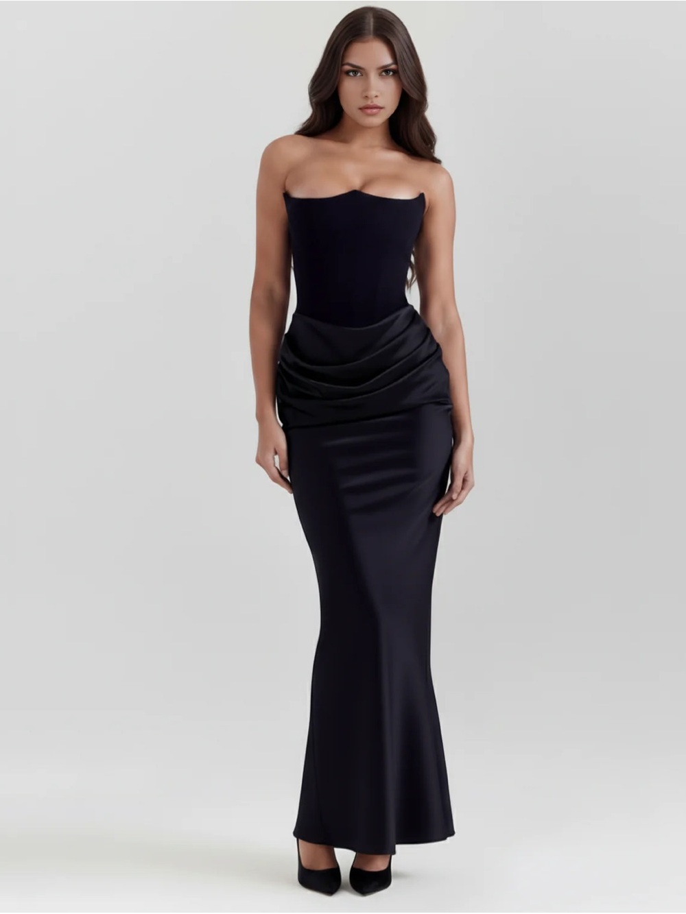 Strapless Black Draped Mermaid Evening Dress